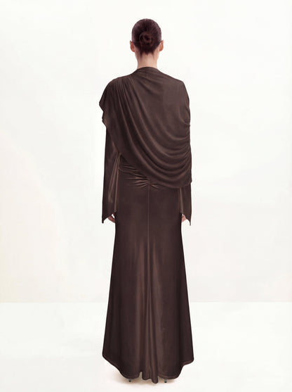 Sheer Shawl Ruched Bodycon Maxi Gown - Brown | JW PEI
