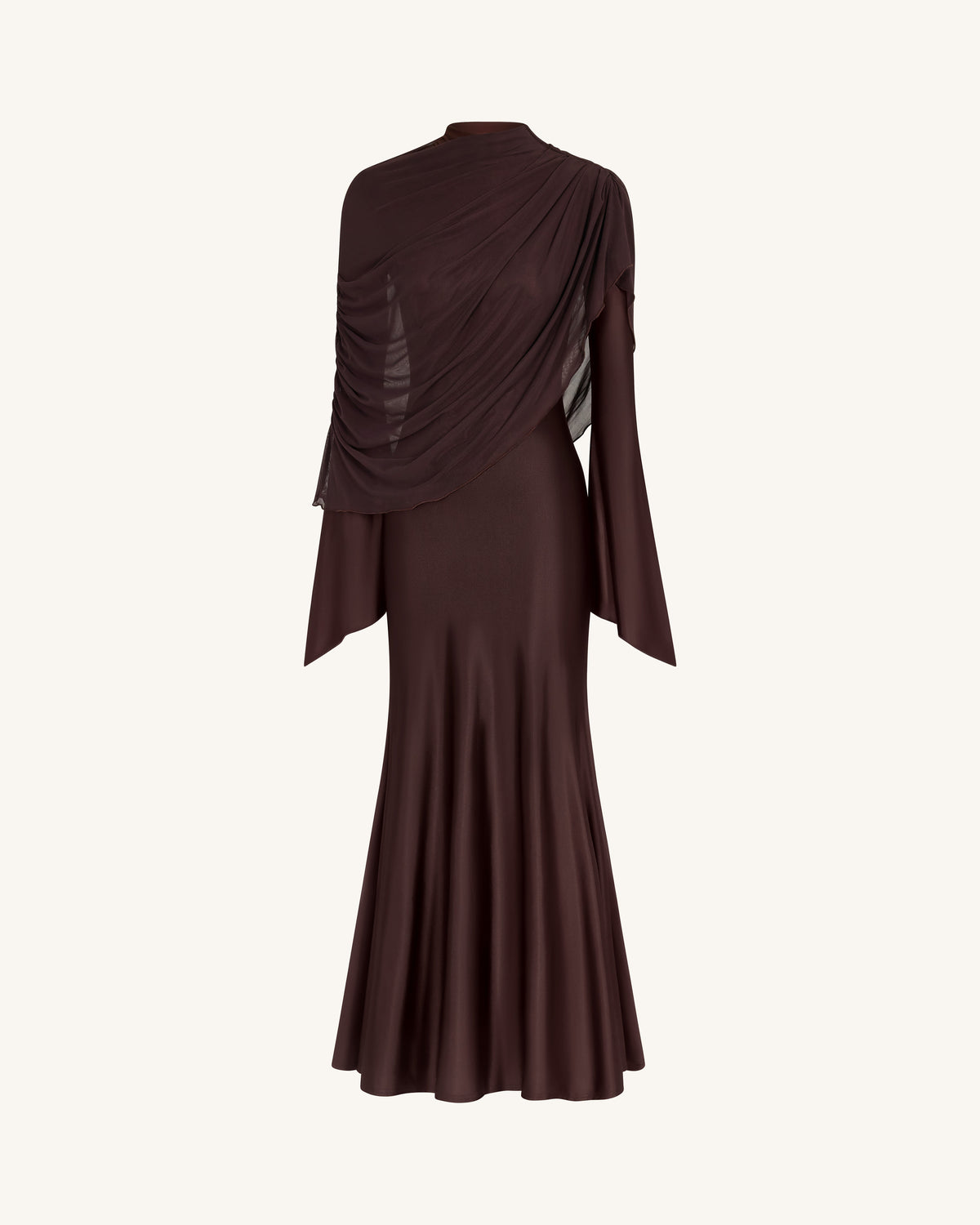 Sheer Shawl Ruched Bodycon Maxi Gown - Brown | JW PEI