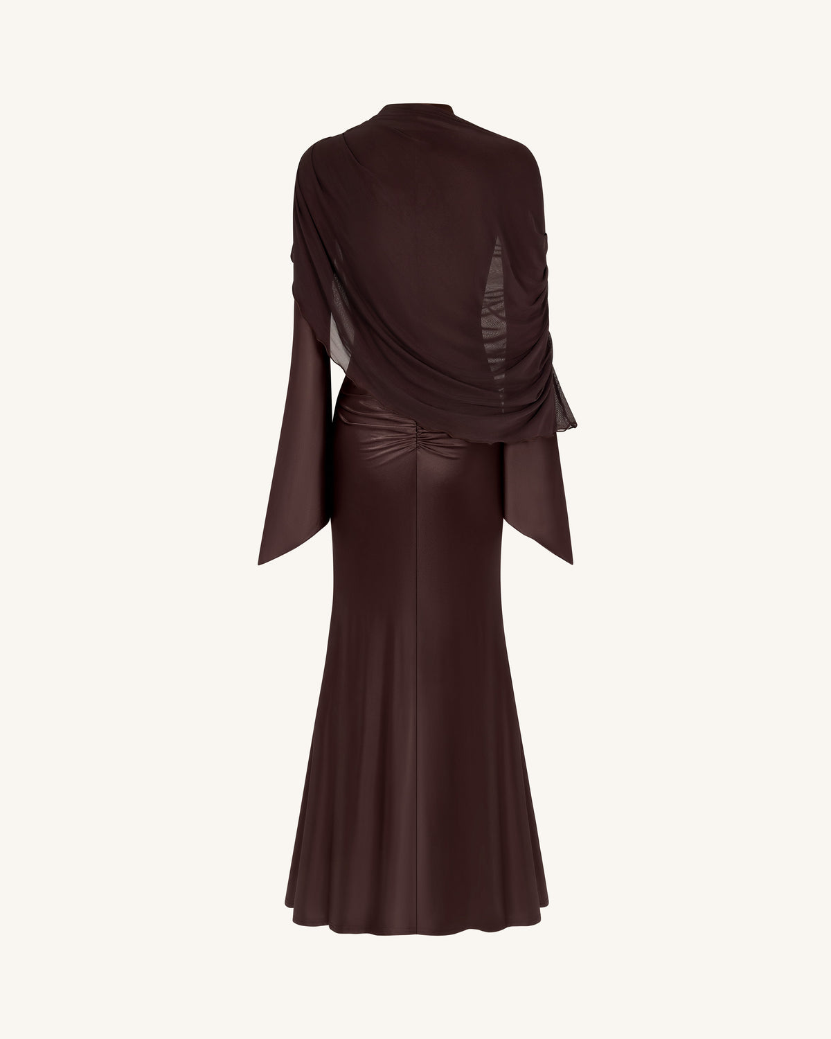 Sheer Shawl Ruched Bodycon Maxi Gown - Brown | JW PEI