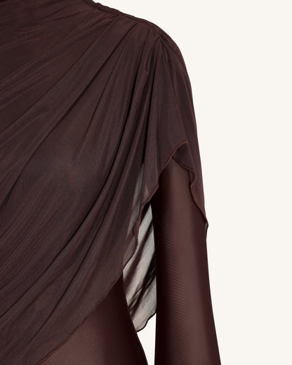 Sheer Shawl Ruched Bodycon Maxi Gown - Brown | JW PEI