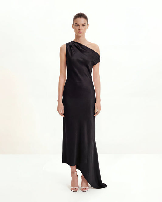 Satin Draped One-Shoulder Asymmetric Dress - Black | JW PEI