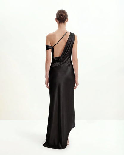Satin Draped One-Shoulder Asymmetric Dress - Black | JW PEI