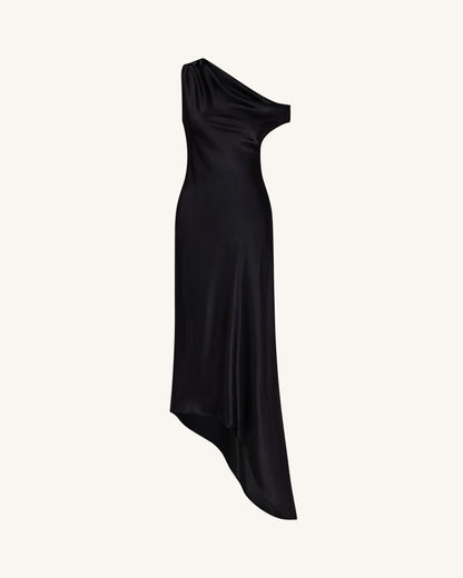 Satin Draped One-Shoulder Asymmetric Dress - Black | JW PEI
