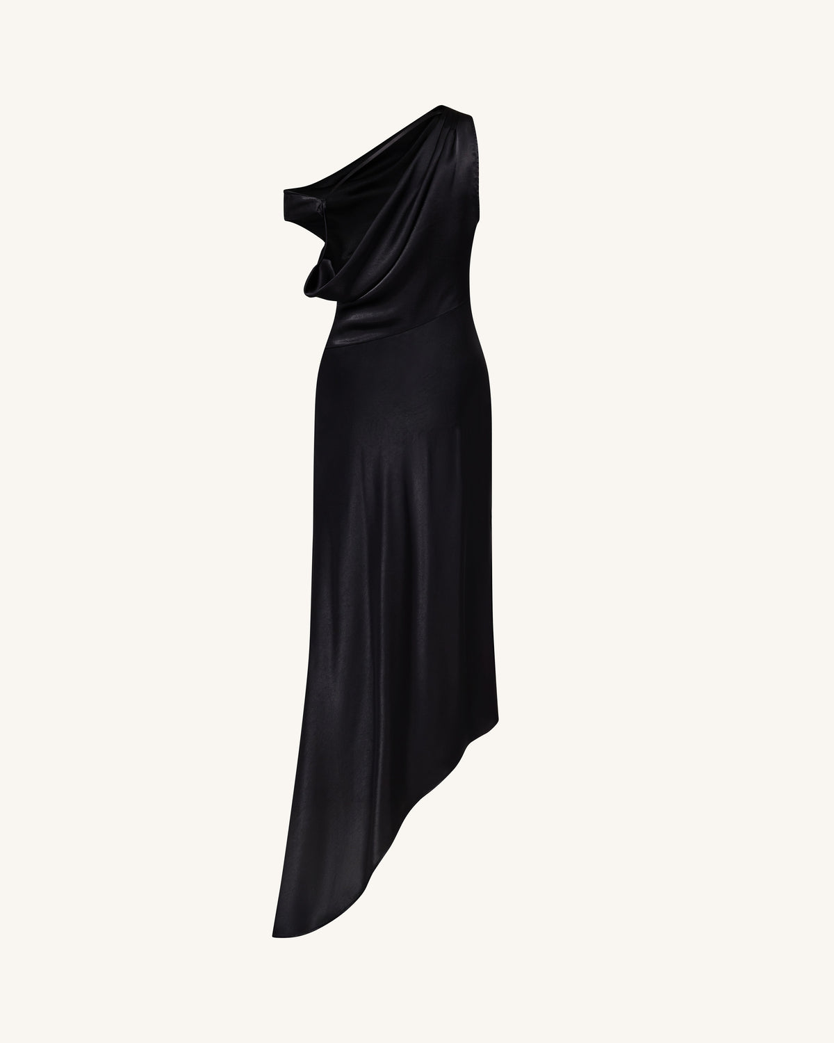 Satin Draped One-Shoulder Asymmetric Dress - Black | JW PEI
