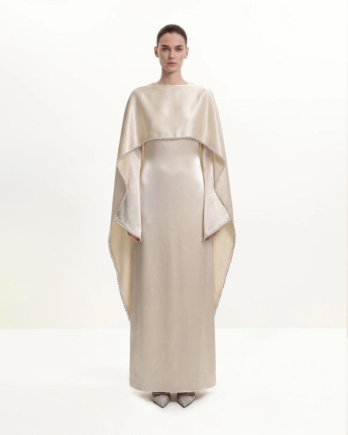 198Pearl-Trimmed Cape Sleeve Boat Neck Maxi Gown-Cream | JW PEI