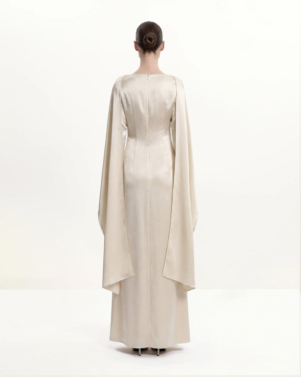 198Pearl-Trimmed Cape Sleeve Boat Neck Maxi Gown-Cream | JW PEI