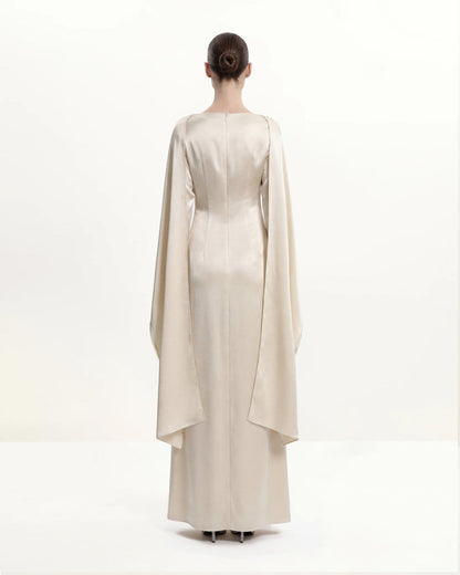198Pearl-Trimmed Cape Sleeve Boat Neck Maxi Gown-Cream | JW PEI