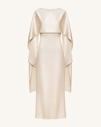 198Pearl-Trimmed Cape Sleeve Boat Neck Maxi Gown-Cream | JW PEI