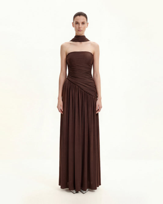 Ruched Panel Strapless Maxi Dress - Brown | JW PEI