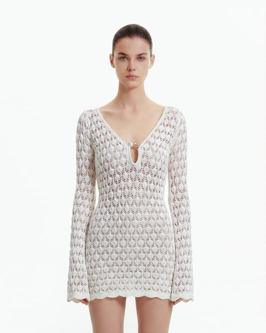 Pointelle Knit Keyhole Mini Dress - White | JW PEI