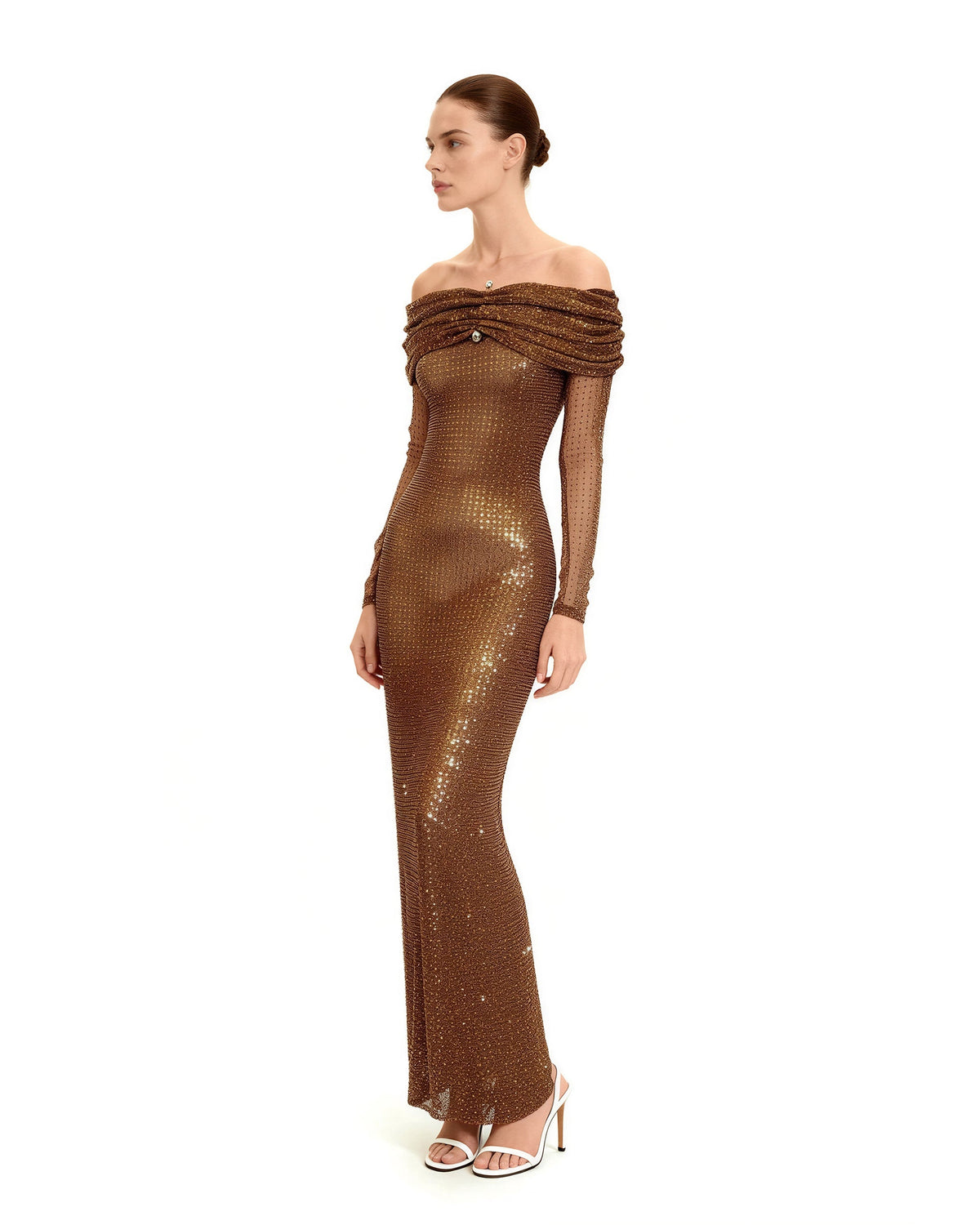 Rhinestone Mesh Off-Shoulder Maxi Dress - Brown | JW PEI