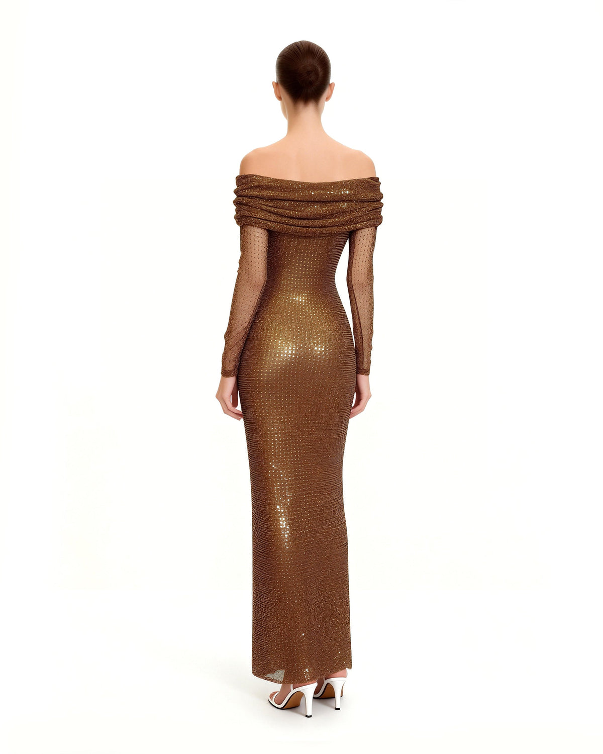 Rhinestone Mesh Off-Shoulder Maxi Dress - Brown | JW PEI