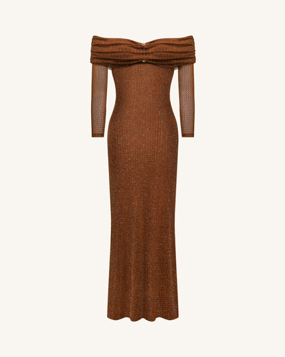 Rhinestone Mesh Off-Shoulder Maxi Dress - Brown | JW PEI