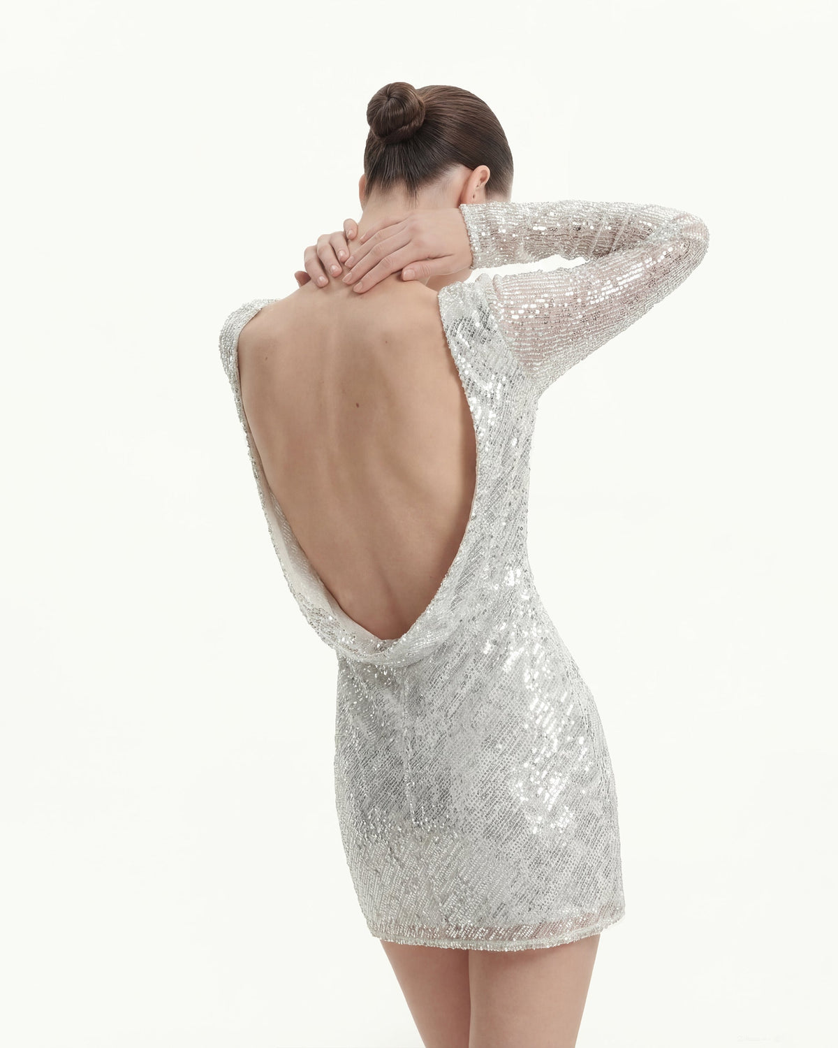 Diagonal Sequin Open-Back Long Sleeve Mini Dress - White | JW PEI