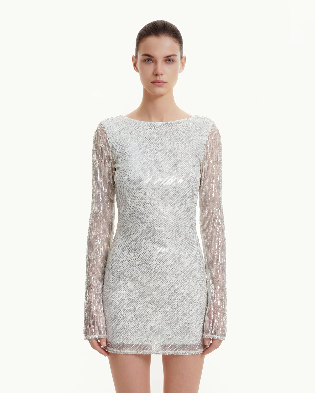 Diagonal Sequin Open-Back Long Sleeve Mini Dress - White | JW PEI