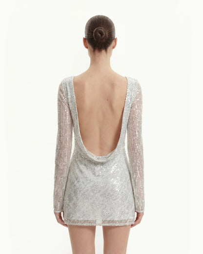 Diagonal Sequin Open-Back Long Sleeve Mini Dress - White | JW PEI