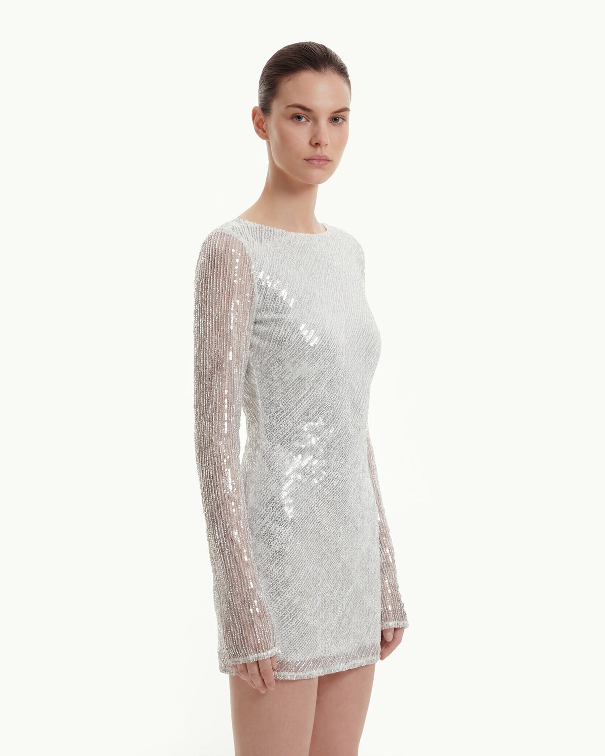 Diagonal Sequin Open-Back Long Sleeve Mini Dress - White | JW PEI