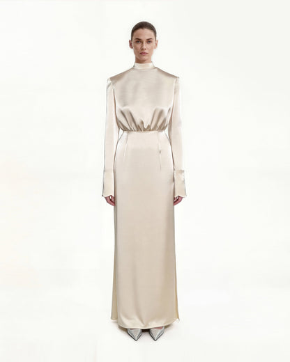 Structured Shoulder Design Satin High-Neck Fitted Maxi Dress - Cream | JW PEI