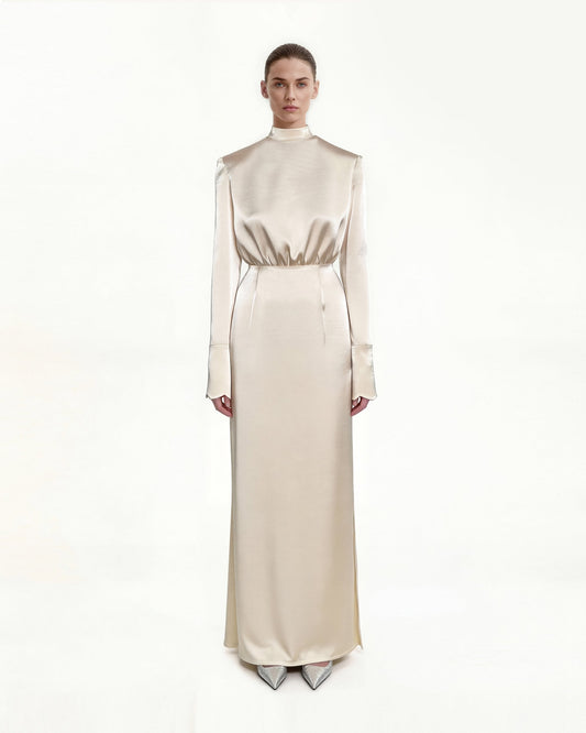 Structured Shoulder Design Satin High-Neck Fitted Maxi Dress - Cream | JW PEI