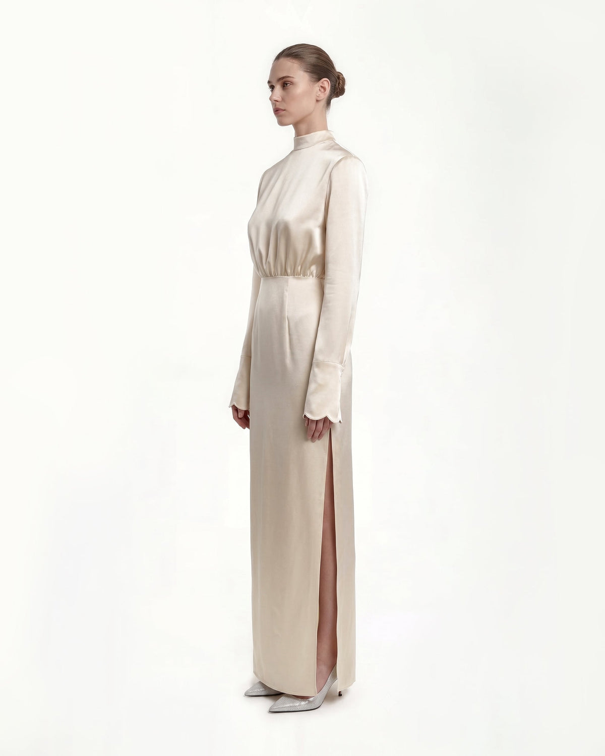 Structured Shoulder Design Satin High-Neck Fitted Maxi Dress - Cream | JW PEI