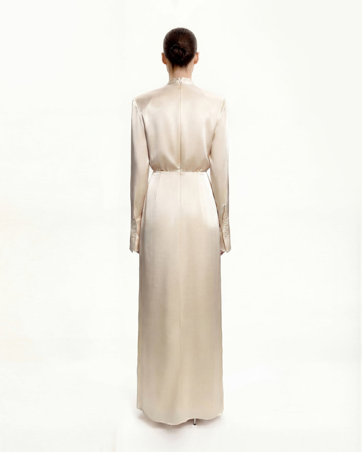 Structured Shoulder Design Satin High-Neck Fitted Maxi Dress - Cream | JW PEI