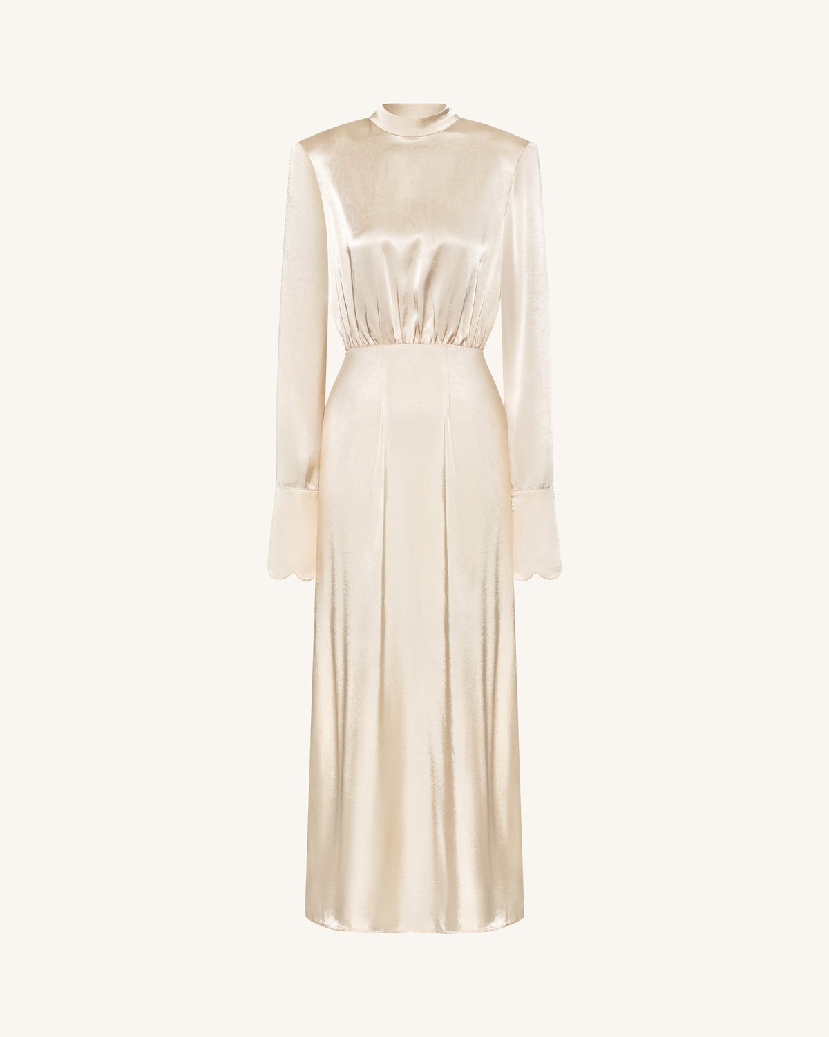 Structured Shoulder Design Satin High-Neck Fitted Maxi Dress - Cream | JW PEI