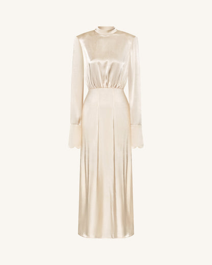 Structured Shoulder Design Satin High-Neck Fitted Maxi Dress - Cream | JW PEI