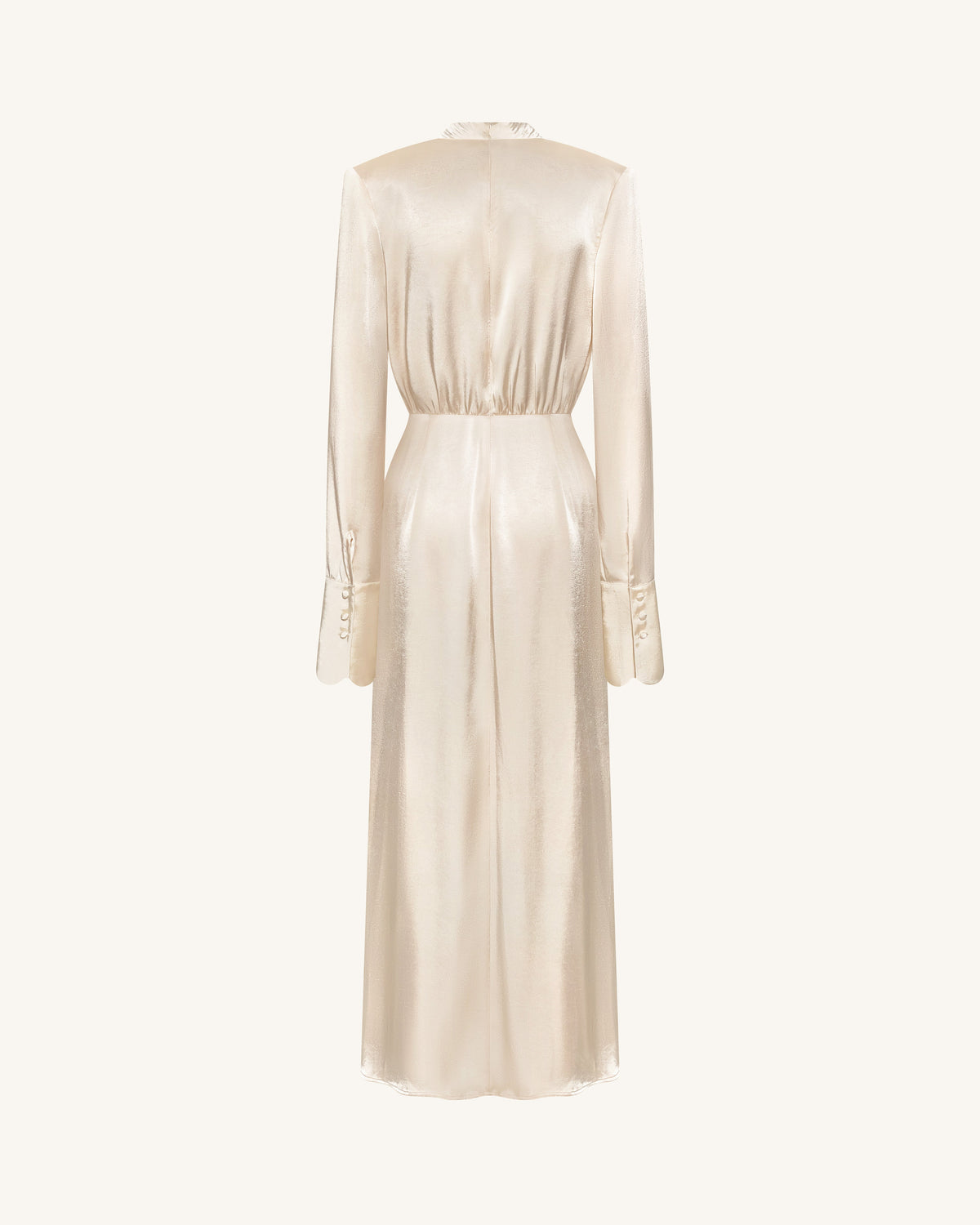Structured Shoulder Design Satin High-Neck Fitted Maxi Dress - Cream | JW PEI
