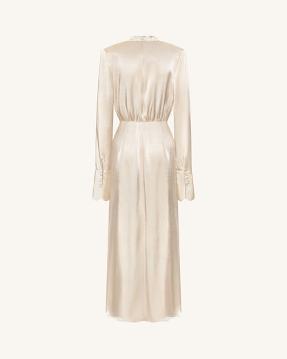 Structured Shoulder Design Satin High-Neck Fitted Maxi Dress - Cream | JW PEI