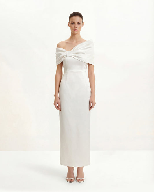 Satin Asymmetric Bow Maxi Dress - White | JW PEI