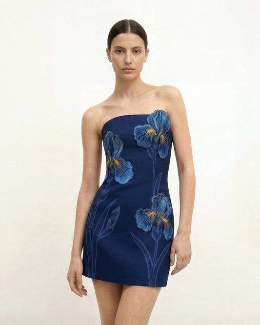 Iris Floral Print Strapless Dress – Navy blue | JW PEI