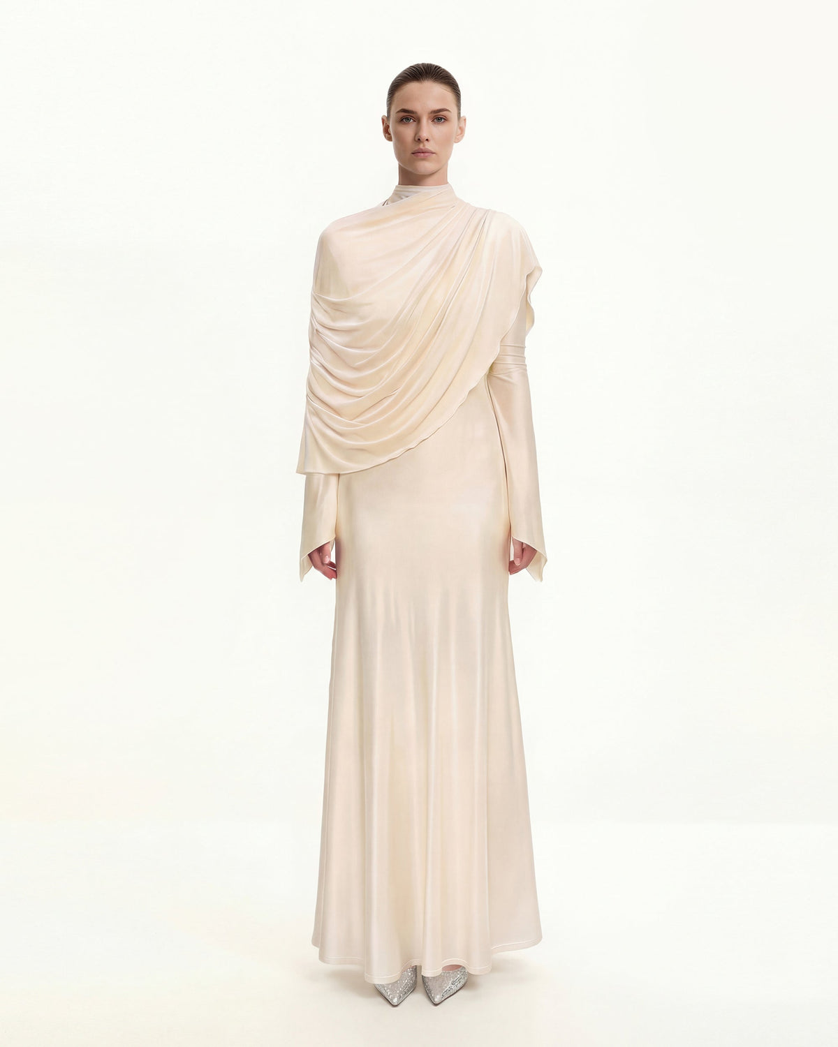 Sheer Shawl Ruched Bodycon Maxi Gown - Cream | JW PEI