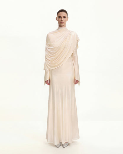 Sheer Shawl Ruched Bodycon Maxi Gown - Cream | JW PEI