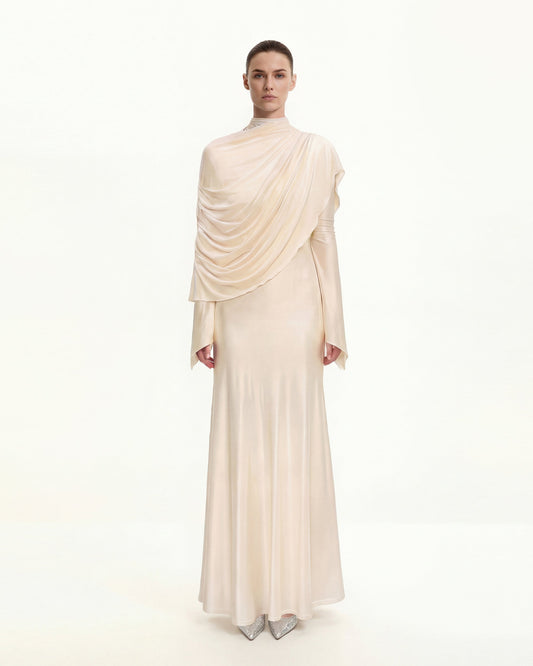 Sheer Shawl Ruched Bodycon Maxi Gown - Cream | JW PEI