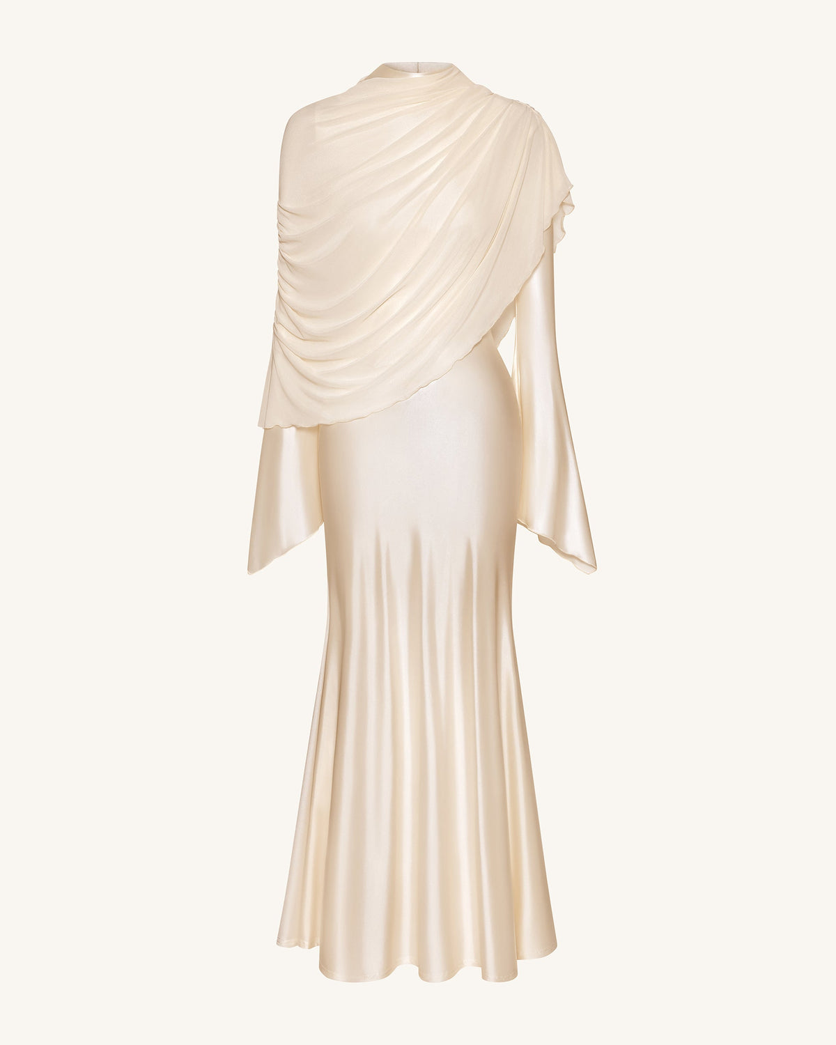 Sheer Shawl Ruched Bodycon Maxi Gown - Cream | JW PEI