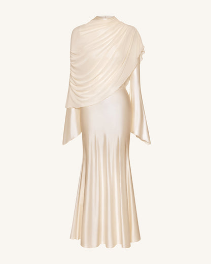 Sheer Shawl Ruched Bodycon Maxi Gown - Cream | JW PEI