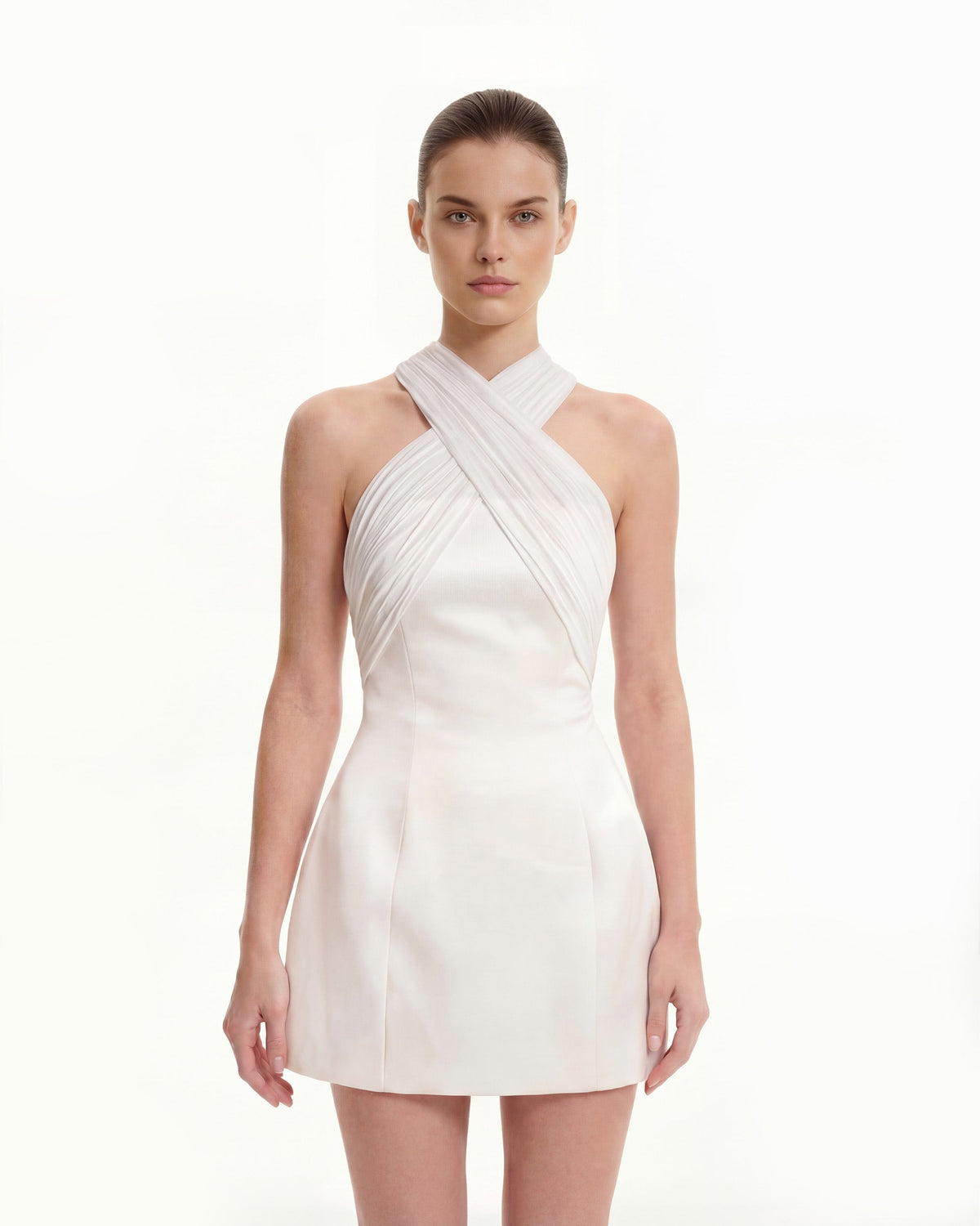 Satin Mini Dress with Tulle Cross-Halter - White | JW PEI