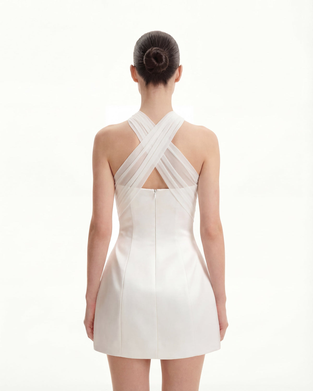 Satin Mini Dress with Tulle Cross-Halter - White | JW PEI