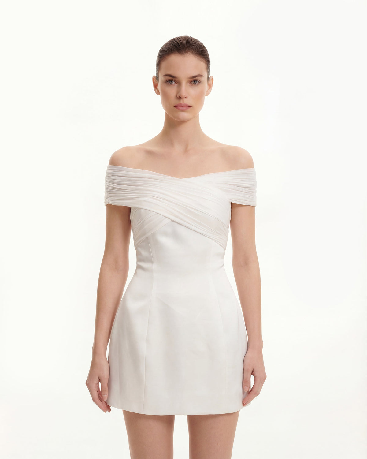Satin Mini Dress with Tulle Cross-Halter - White | JW PEI