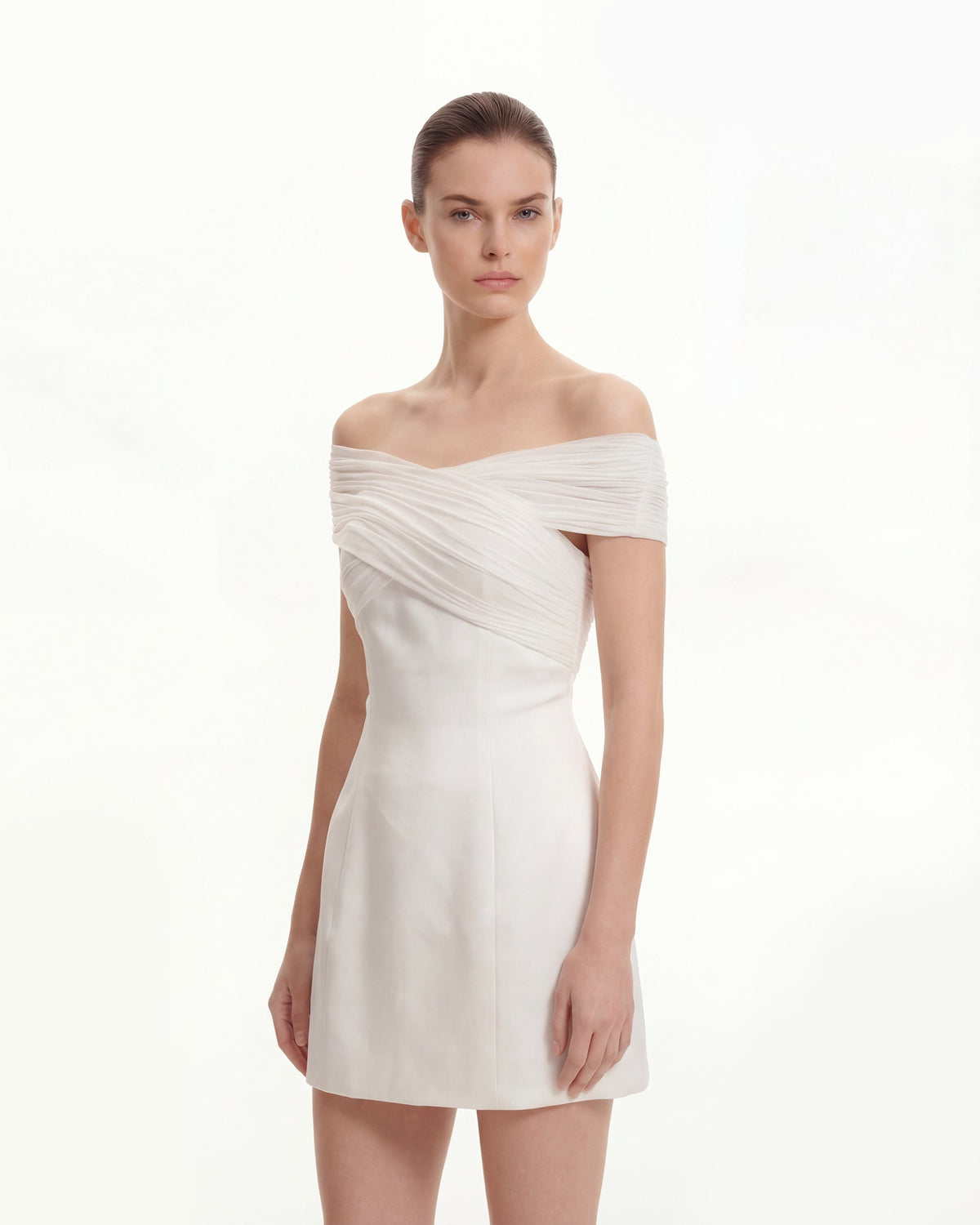 Satin Mini Dress with Tulle Cross-Halter - White | JW PEI
