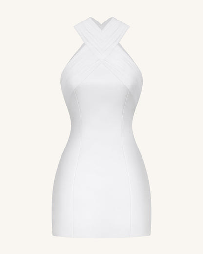 Satin Mini Dress with Tulle Cross-Halter - White | JW PEI