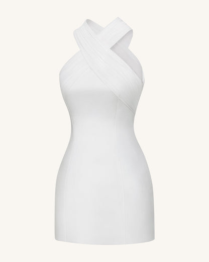 Satin Mini Dress with Tulle Cross-Halter - White | JW PEI
