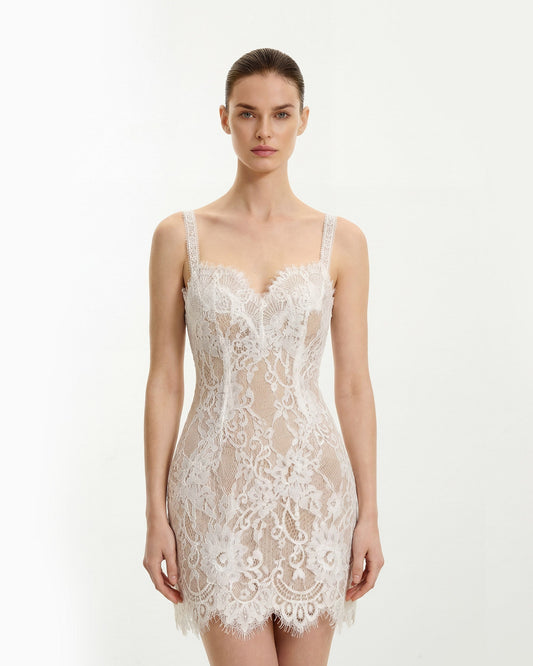 Eyelash Lace Bustier Bodycon Dress - White | JW PEI