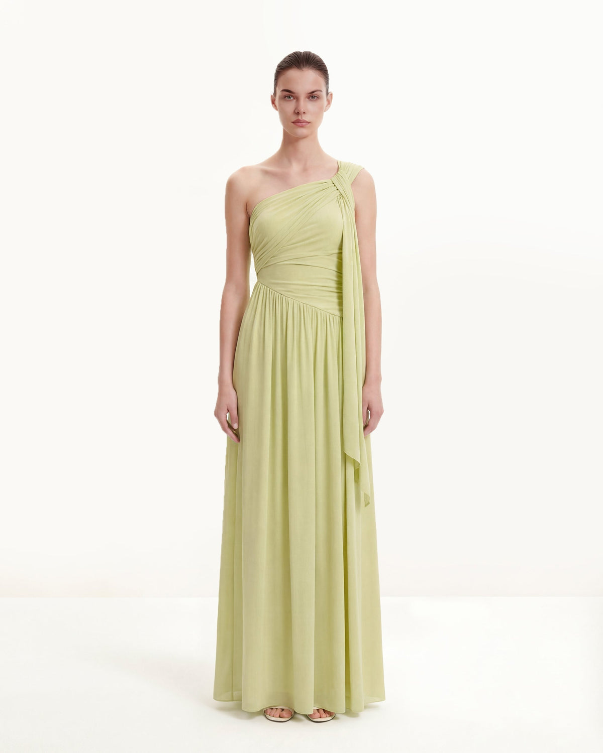 Ruched One-Shoulder Maxi Dress with Trailing Sash - Green | JW PEI