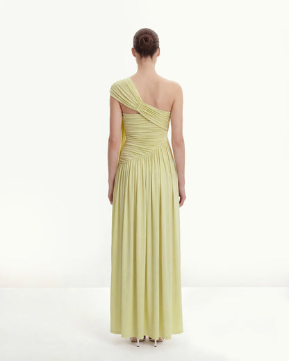 Ruched One-Shoulder Maxi Dress with Trailing Sash - Green | JW PEI