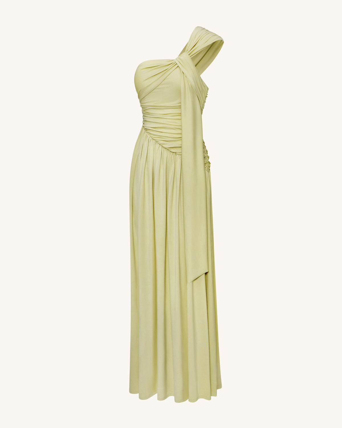 Ruched One-Shoulder Maxi Dress with Trailing Sash - Green | JW PEI