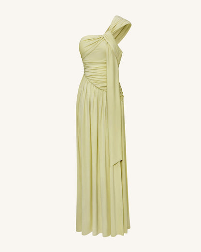 Ruched One-Shoulder Maxi Dress with Trailing Sash - Green | JW PEI