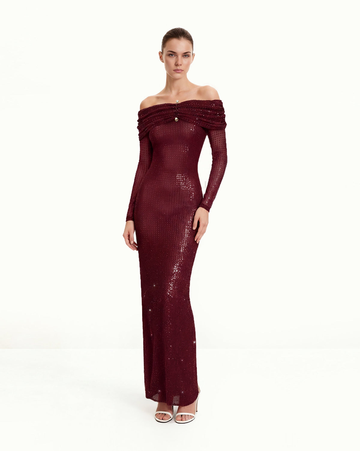 Rhinestone Mesh Off-Shoulder Maxi Dress - Claret | JW PEI