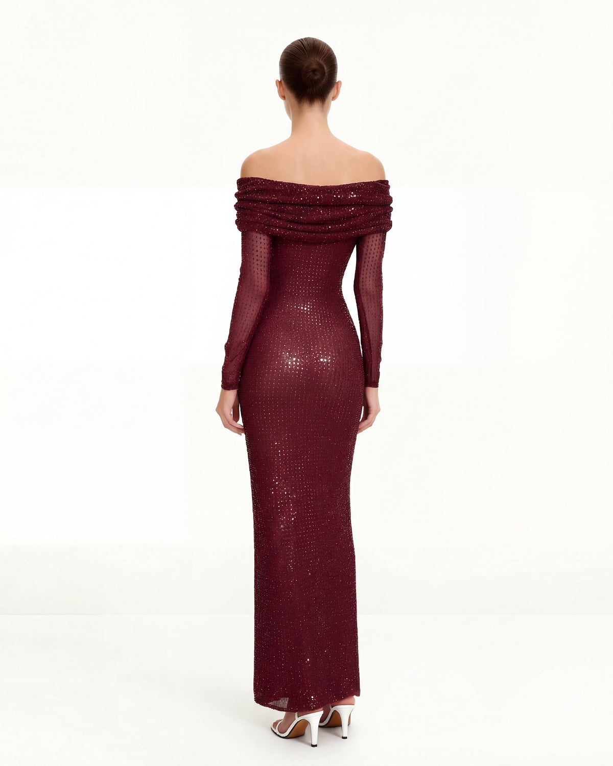 Rhinestone Mesh Off-Shoulder Maxi Dress - Claret | JW PEI