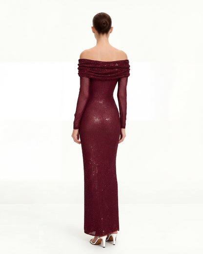 Rhinestone Mesh Off-Shoulder Maxi Dress - Claret | JW PEI